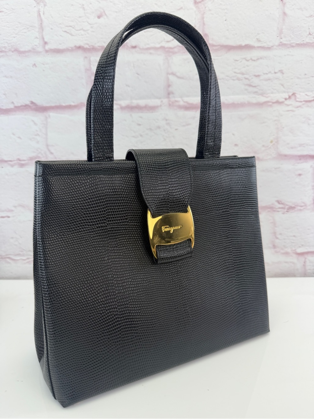Salvatore Ferragamo Black Lizard-Embossed Top-Handle Satchel Vintage
